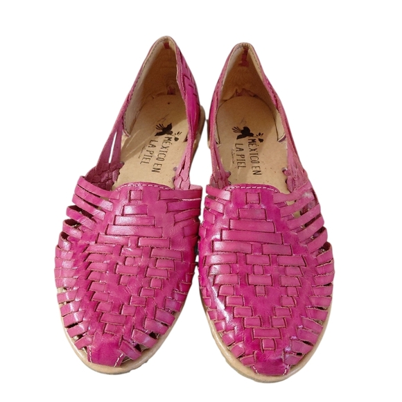 NEW Mexican Leather Huaraches Handmade Women's Woven Pink Sandals Size 6.5 - Picture 2 of 11